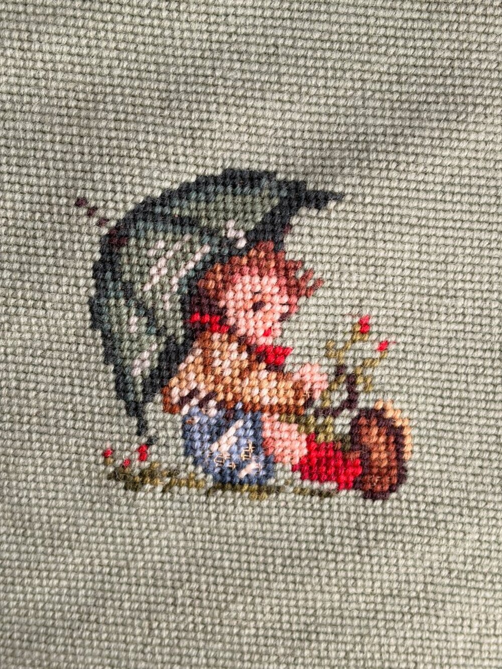 Unfinished Needlepoint Boy and Blue Umbrella Hummel Style Ready to Finish